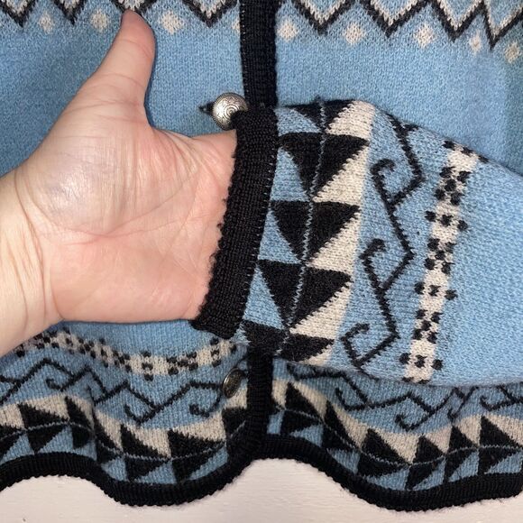 Vintage Blue Nordic Snowflake Wool Cardigan Button Front Tally-Ho M 80s 90s - Picture 3 of 10